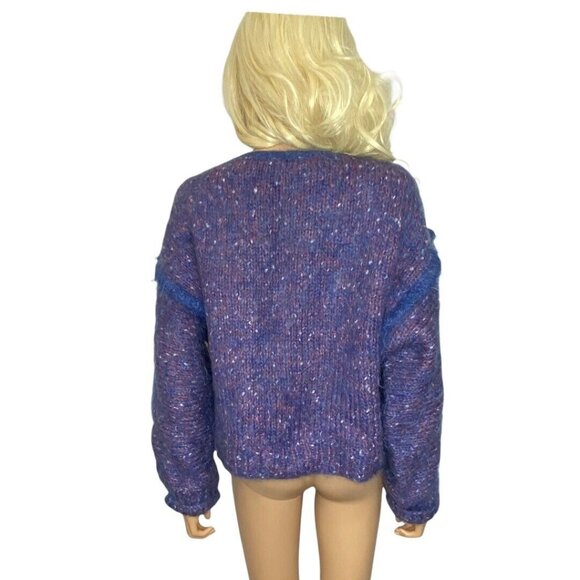 Hand Knit W's M/L Mohair Wool Oversized Sweater Drop Sleeve Trim Purple Blue - Picture 6 of 9